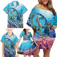 Hawaii Snorkeling Honu Turtle Family Matching Off Shoulder Short Dress and Hawaiian Shirt Under The Ocean Vibes LT14 - Polynesian Pride