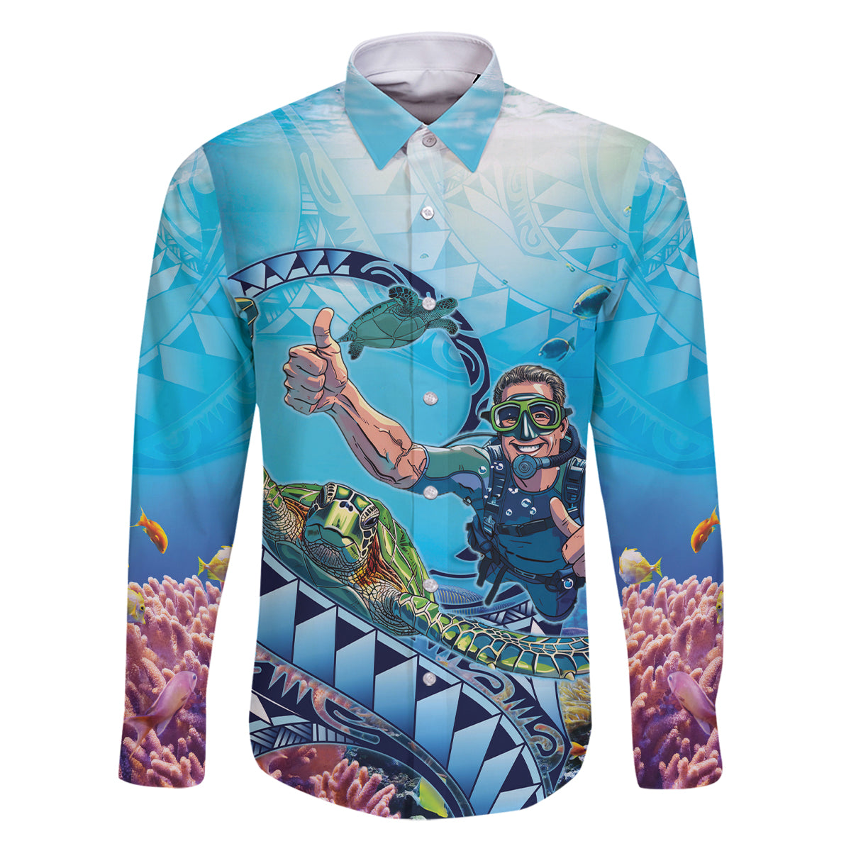 Hawaii Snorkeling Honu Turtle Family Matching Off Shoulder Short Dress and Hawaiian Shirt Under The Ocean Vibes LT14 Dad's Shirt - Long Sleeve Blue - Polynesian Pride