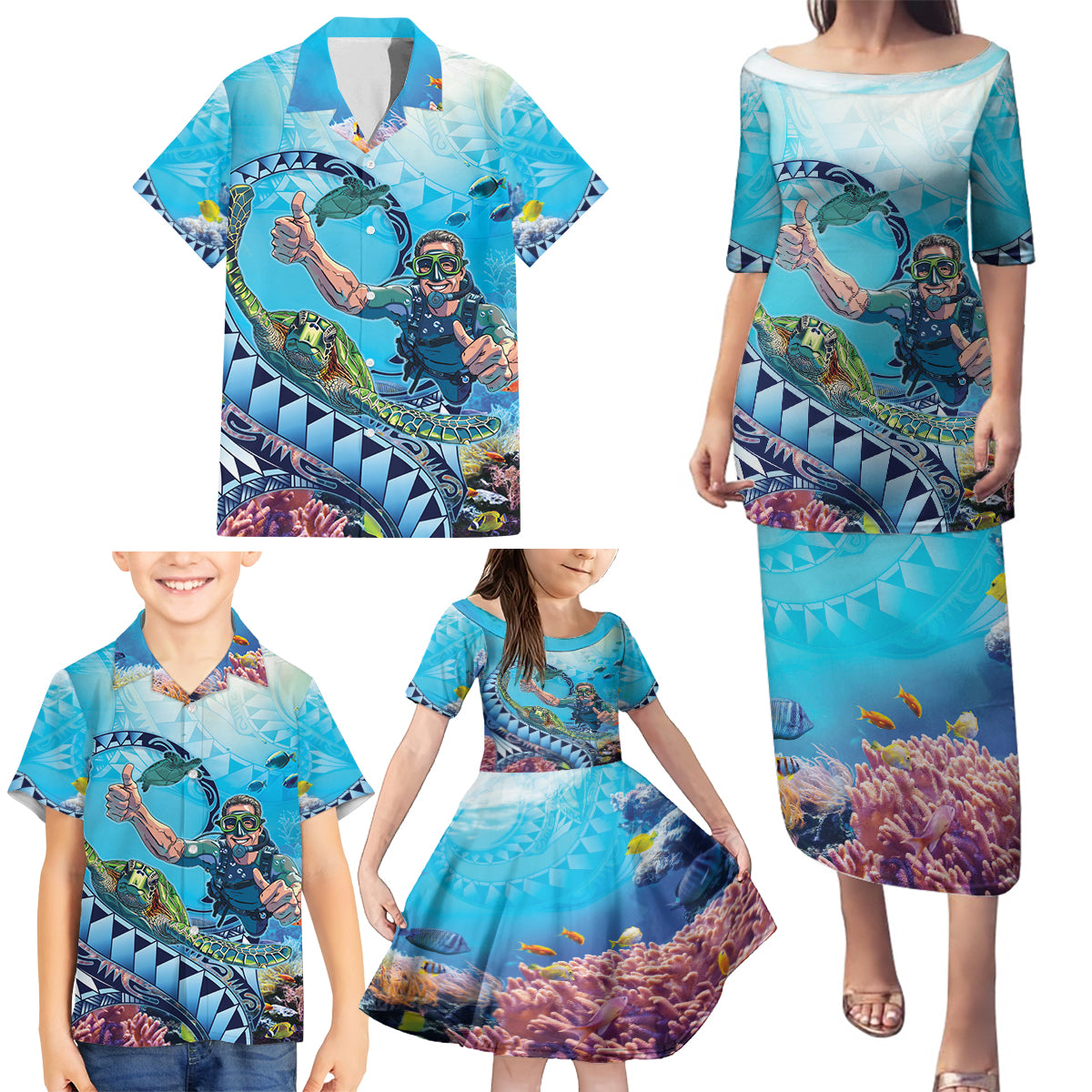 Hawaii Snorkeling Honu Turtle Family Matching Puletasi and Hawaiian Shirt Under The Ocean Vibes LT14 - Polynesian Pride