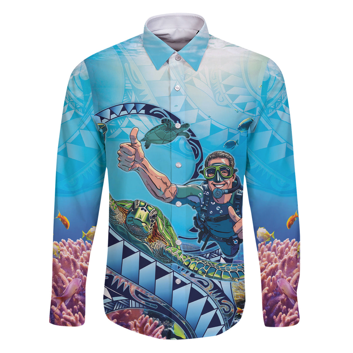 Hawaii Snorkeling Honu Turtle Family Matching Puletasi and Hawaiian Shirt Under The Ocean Vibes LT14 Dad's Shirt - Long Sleeve Blue - Polynesian Pride