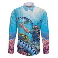 Hawaii Snorkeling Honu Turtle Family Matching Puletasi and Hawaiian Shirt Under The Ocean Vibes LT14 Dad's Shirt - Long Sleeve Blue - Polynesian Pride