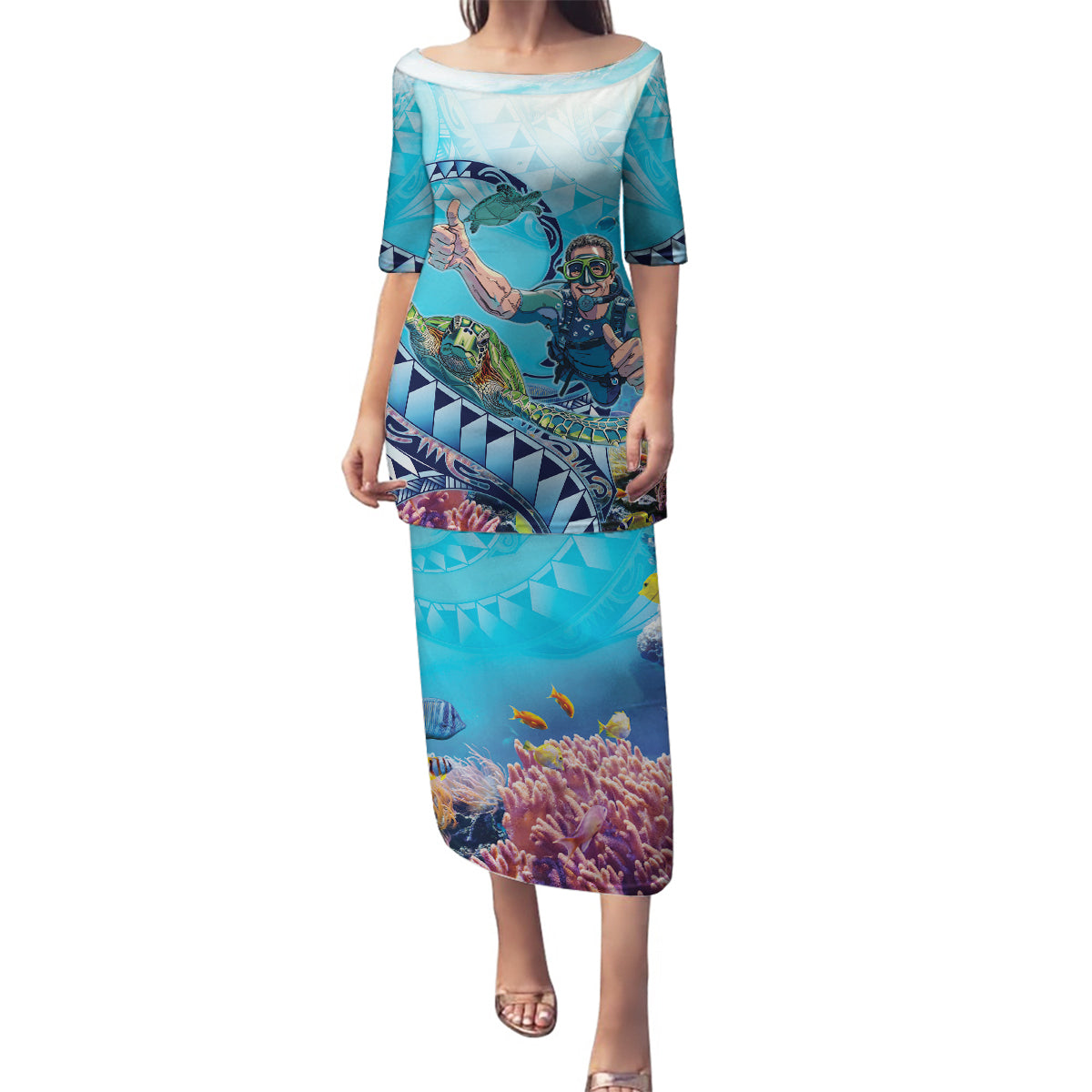 Hawaii Snorkeling Honu Turtle Family Matching Puletasi and Hawaiian Shirt Under The Ocean Vibes LT14 Mom's Dress Blue - Polynesian Pride