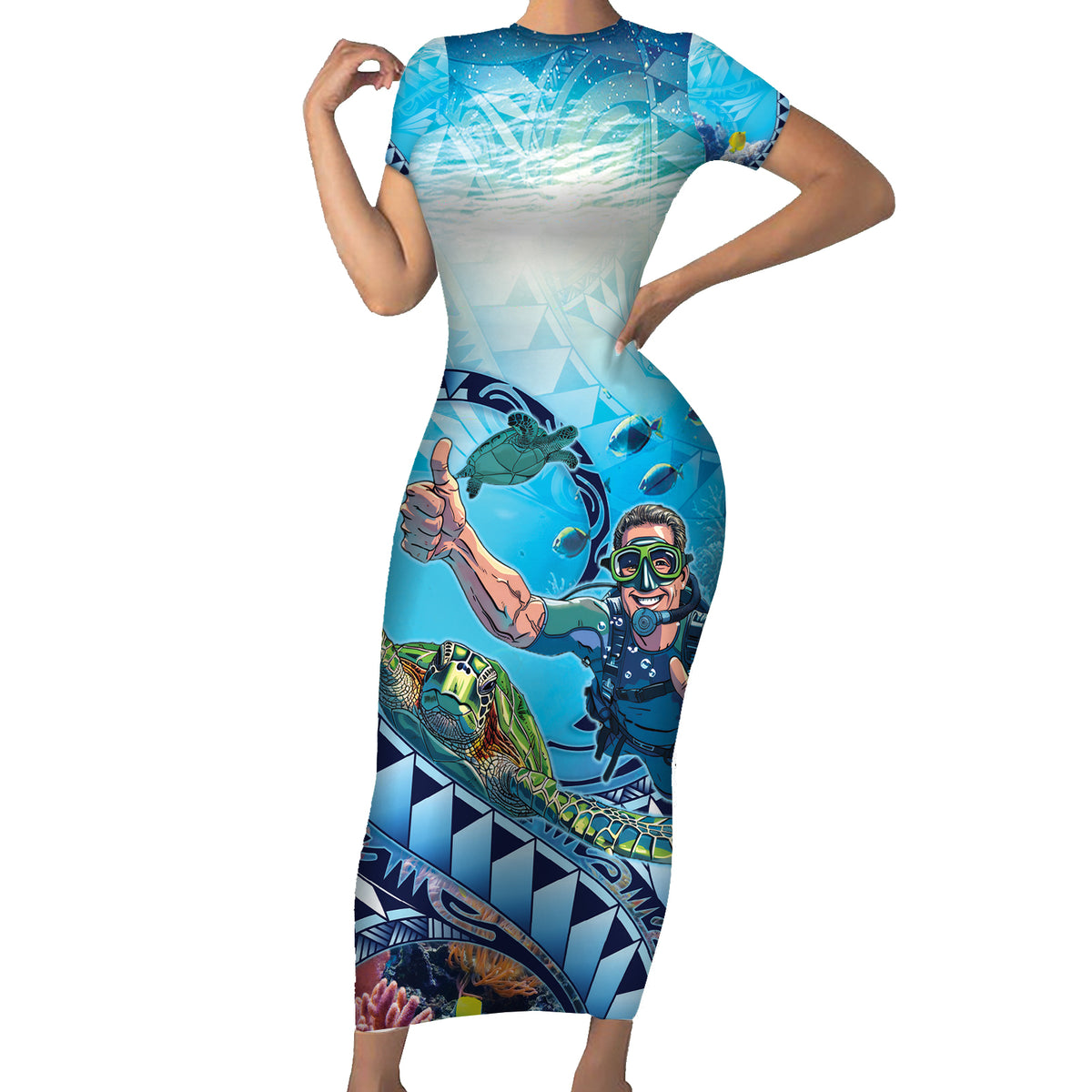 Hawaii Snorkeling Honu Turtle Family Matching Short Sleeve Bodycon Dress and Hawaiian Shirt Under The Ocean Vibes LT14 Mom's Dress Blue - Polynesian Pride