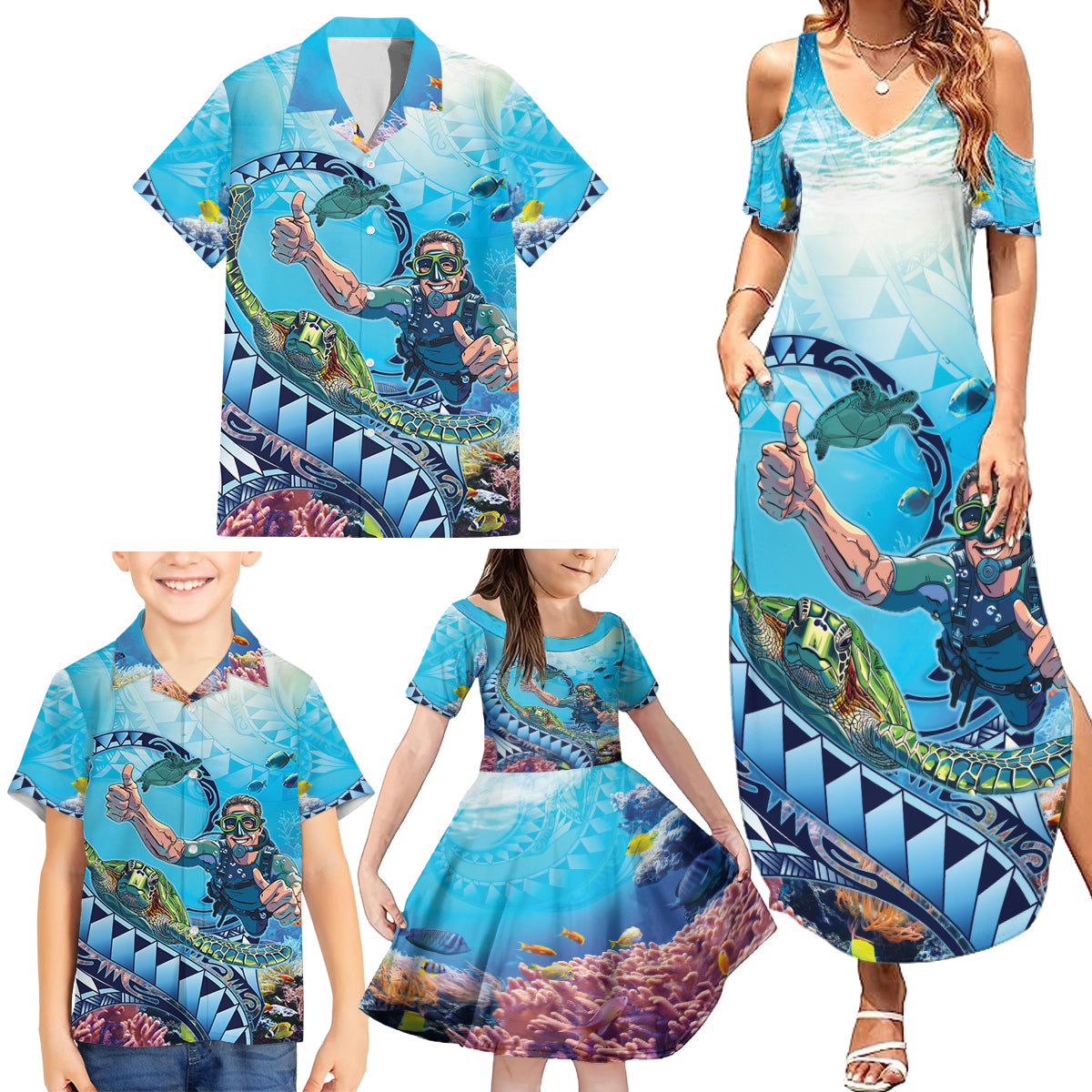 Hawaii Snorkeling Honu Turtle Family Matching Summer Maxi Dress and Hawaiian Shirt Under The Ocean Vibes LT14 - Polynesian Pride
