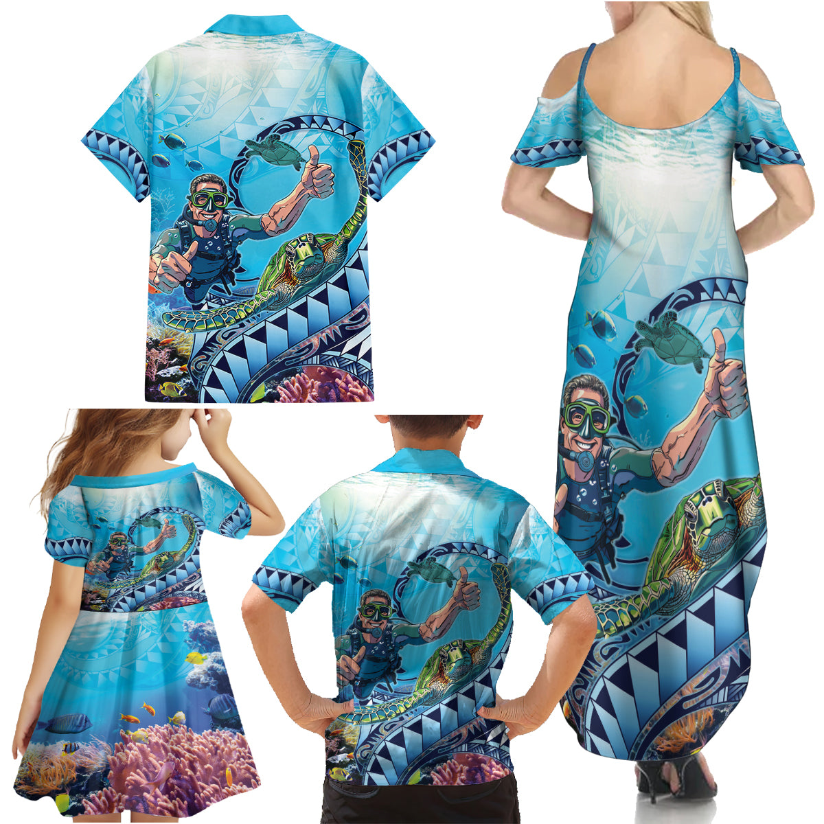 Hawaii Snorkeling Honu Turtle Family Matching Summer Maxi Dress and Hawaiian Shirt Under The Ocean Vibes LT14 - Polynesian Pride