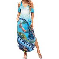 Hawaii Snorkeling Honu Turtle Family Matching Summer Maxi Dress and Hawaiian Shirt Under The Ocean Vibes LT14 Mom's Dress Blue - Polynesian Pride