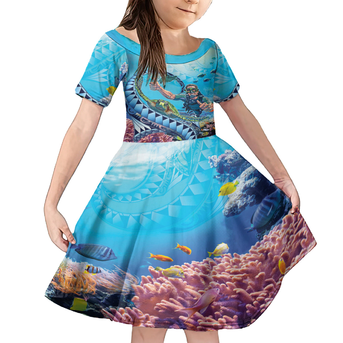Hawaii Snorkeling Honu Turtle Family Matching Tank Maxi Dress and Hawaiian Shirt Under The Ocean Vibes LT14 Daughter's Dress Blue - Polynesian Pride