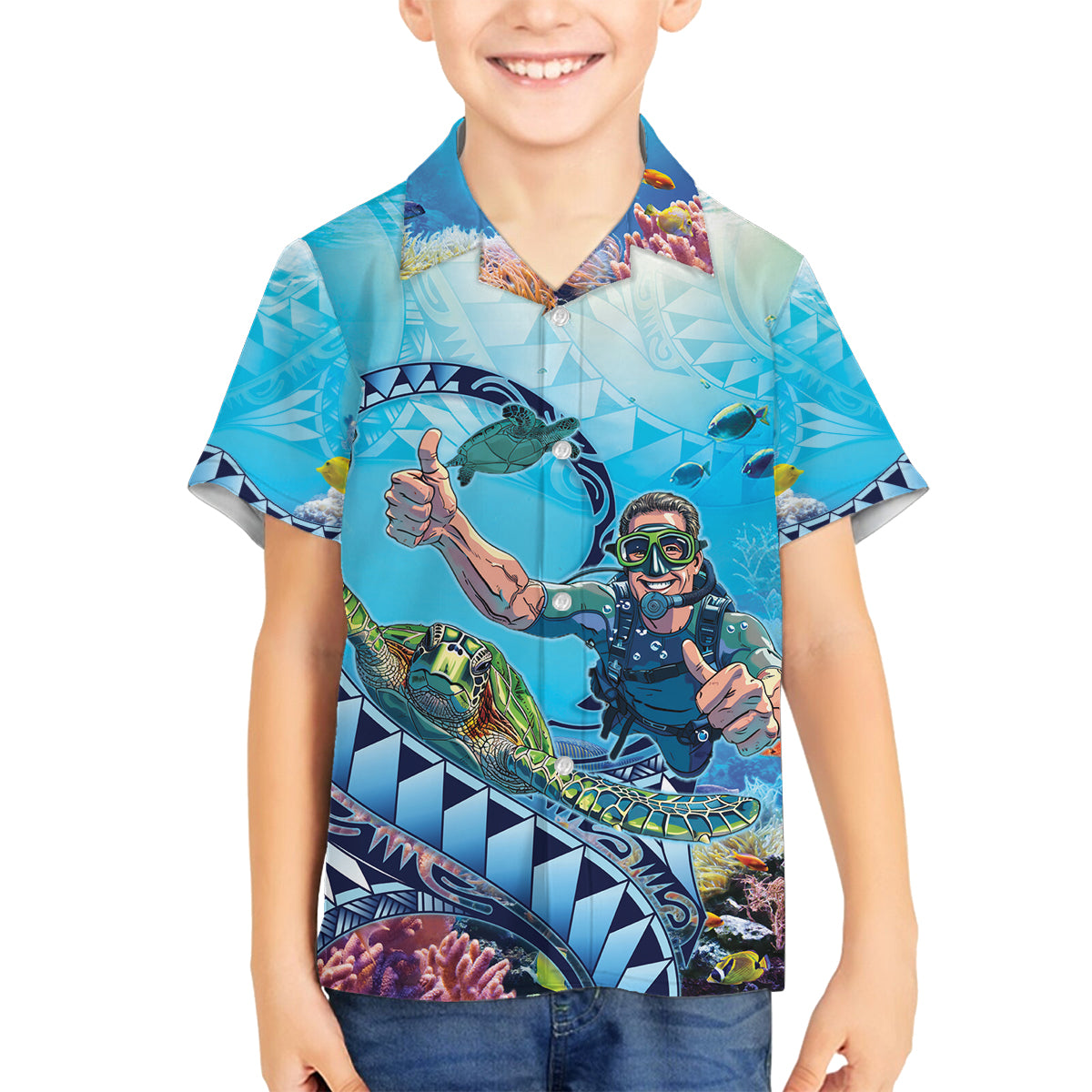 Hawaii Snorkeling Honu Turtle Family Matching Tank Maxi Dress and Hawaiian Shirt Under The Ocean Vibes LT14 Son's Shirt Blue - Polynesian Pride