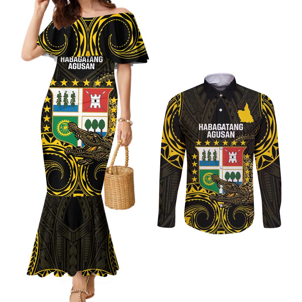 Agusan del Sur Philippines Couples Matching Mermaid Dress and Long Sleeve Button Shirt Habagatang Agusan Lolong LT14 Black - Polynesian Pride