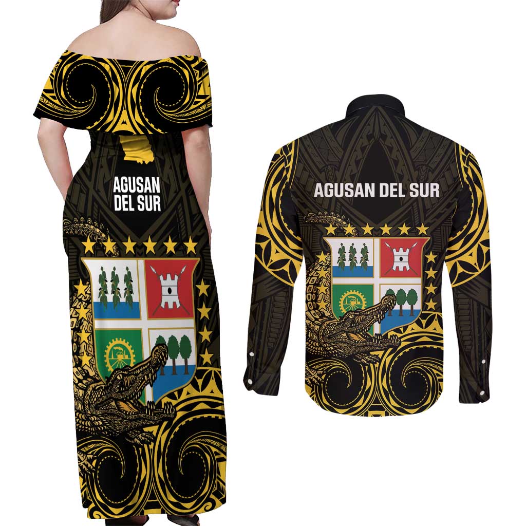 Agusan del Sur Philippines Couples Matching Off Shoulder Maxi Dress and Long Sleeve Button Shirt Habagatang Agusan Lolong LT14 - Polynesian Pride