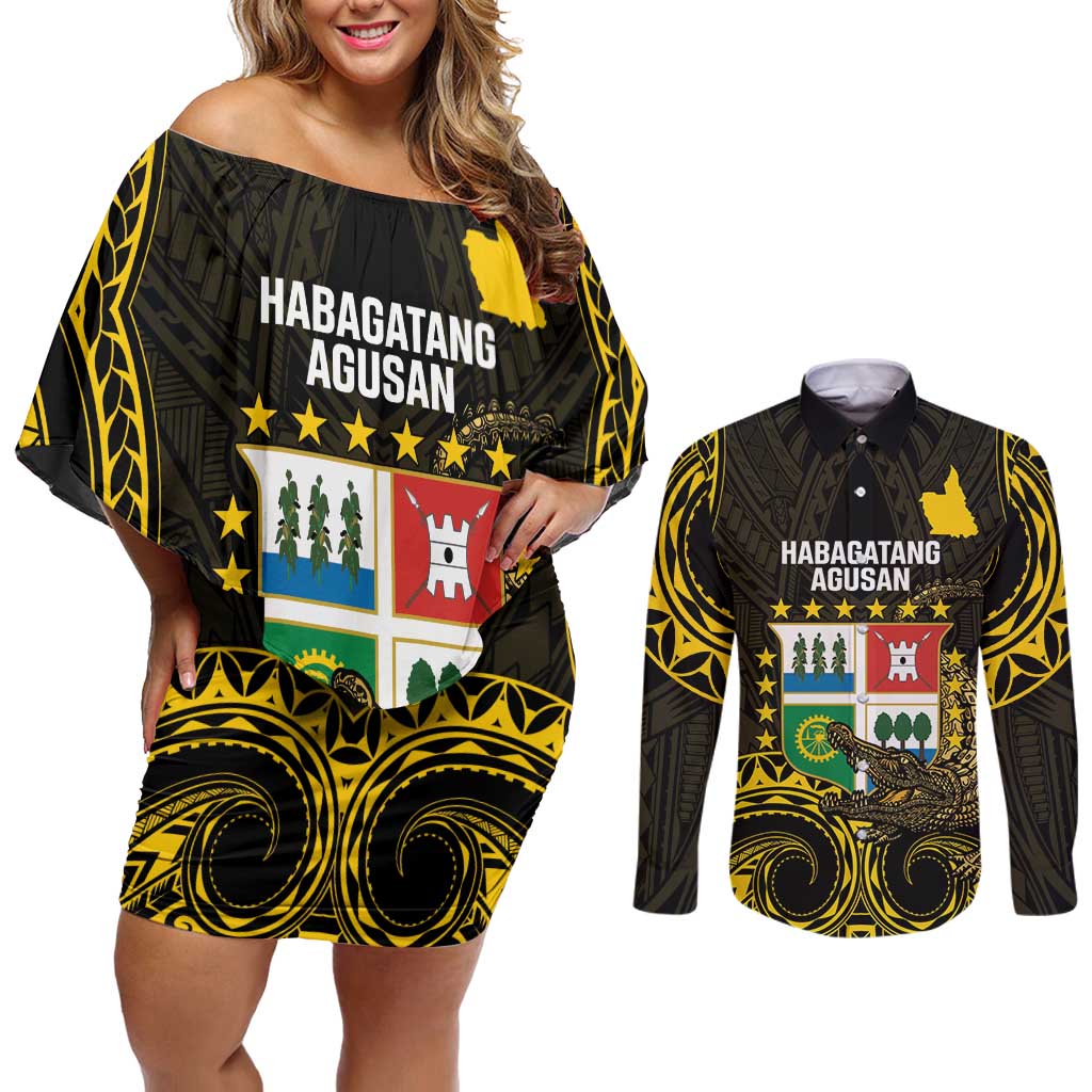 Agusan del Sur Philippines Couples Matching Off Shoulder Short Dress and Long Sleeve Button Shirt Habagatang Agusan Lolong LT14 Black - Polynesian Pride
