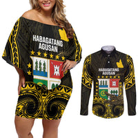 Agusan del Sur Philippines Couples Matching Off Shoulder Short Dress and Long Sleeve Button Shirt Habagatang Agusan Lolong LT14 Black - Polynesian Pride