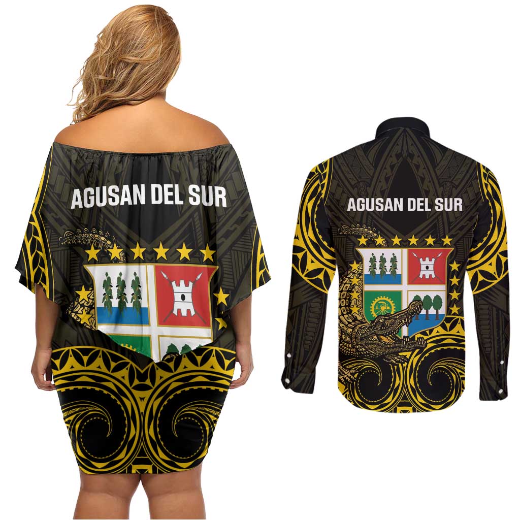 Agusan del Sur Philippines Couples Matching Off Shoulder Short Dress and Long Sleeve Button Shirt Habagatang Agusan Lolong LT14 - Polynesian Pride