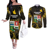 Agusan del Sur Philippines Couples Matching Off The Shoulder Long Sleeve Dress and Long Sleeve Button Shirt Habagatang Agusan Lolong LT14 Black - Polynesian Pride