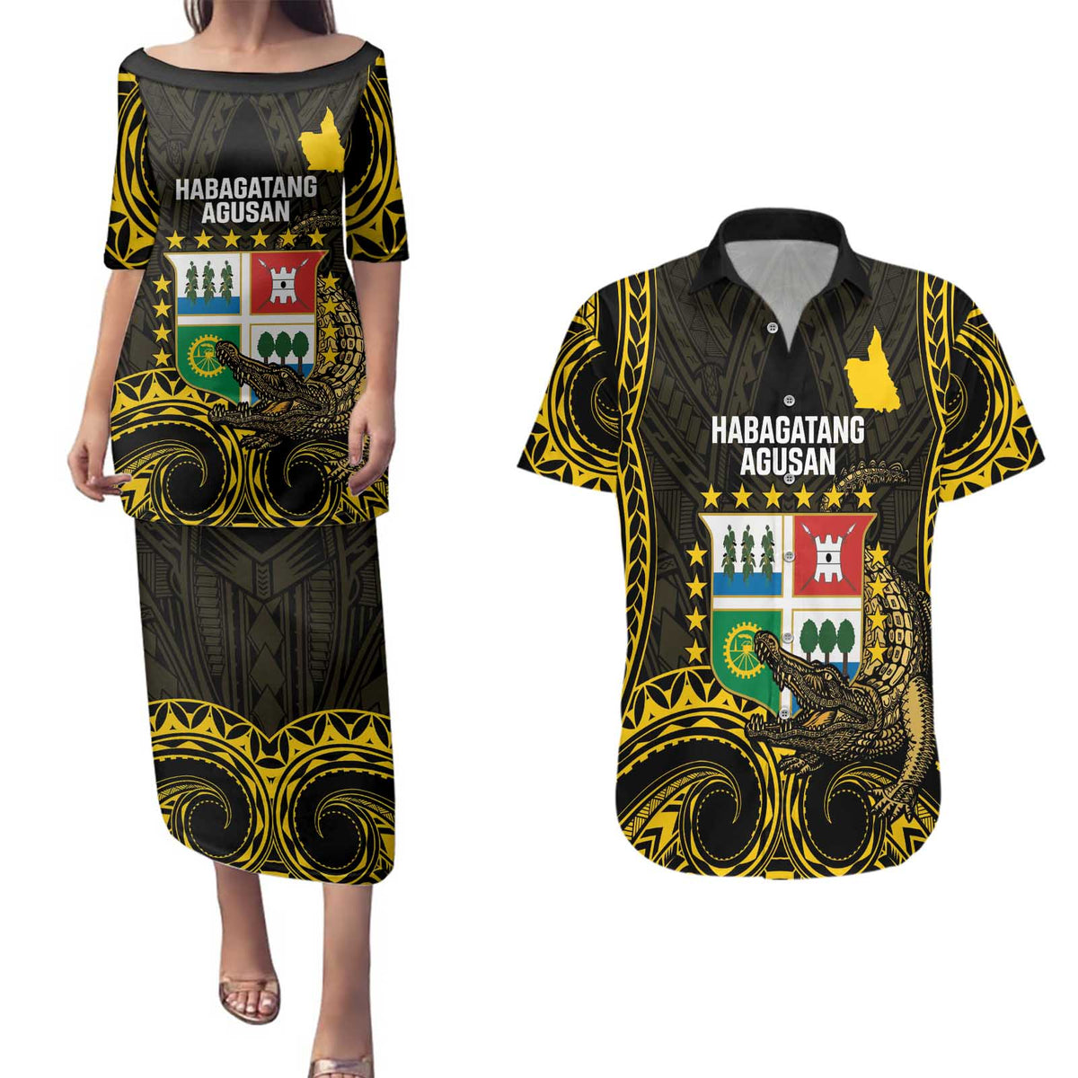 Agusan del Sur Philippines Couples Matching Puletasi and Hawaiian Shirt Habagatang Agusan Lolong LT14 Black - Polynesian Pride