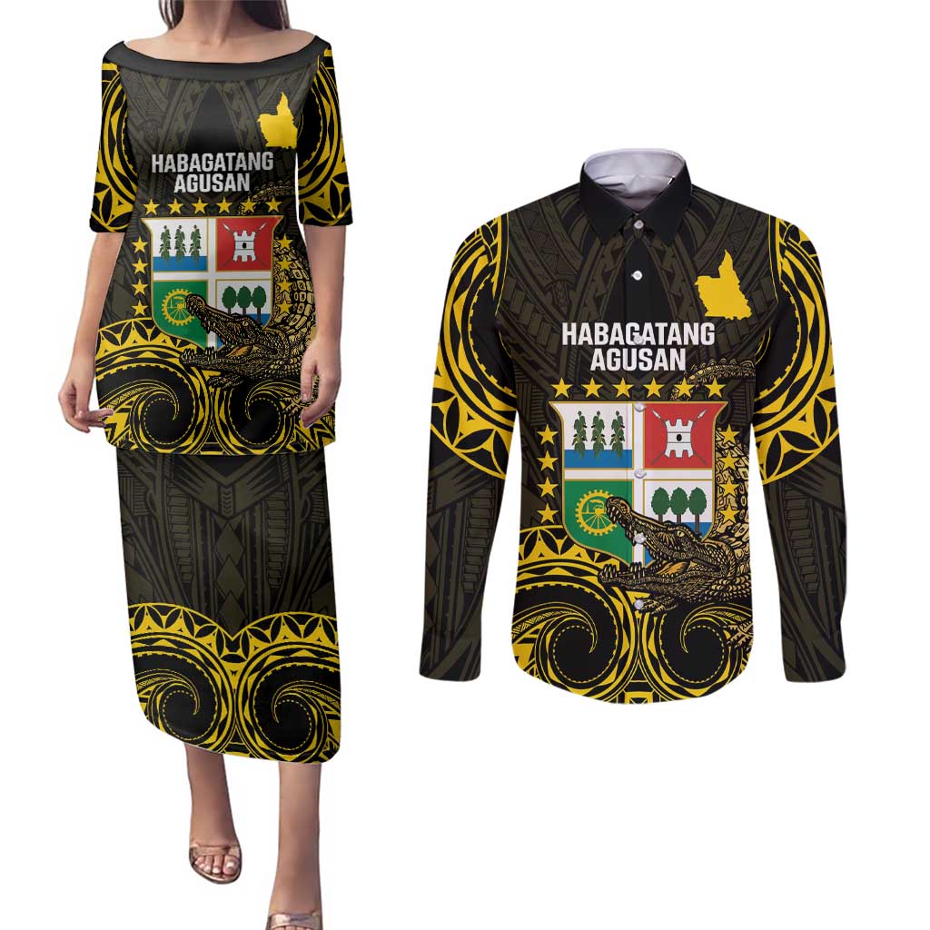 Agusan del Sur Philippines Couples Matching Puletasi and Long Sleeve Button Shirt Habagatang Agusan Lolong LT14 Black - Polynesian Pride