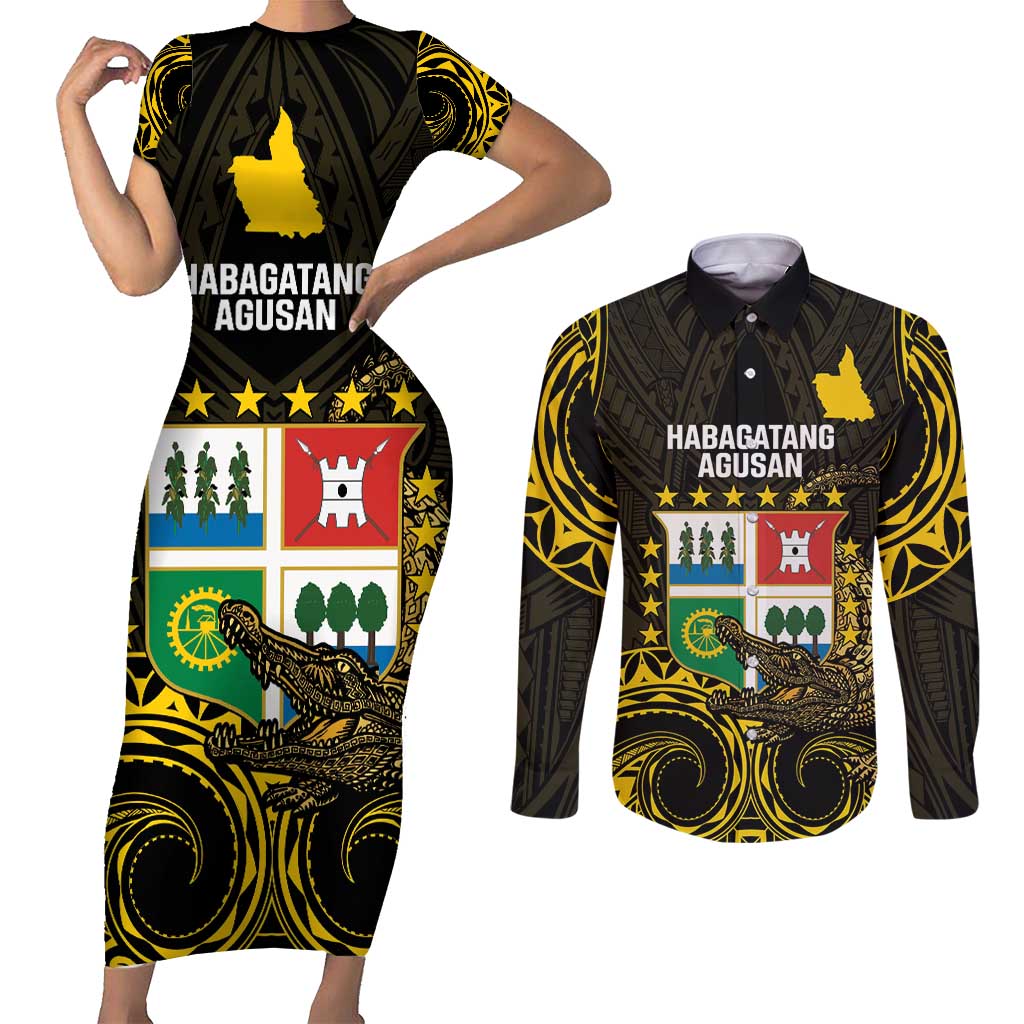Agusan del Sur Philippines Couples Matching Short Sleeve Bodycon Dress and Long Sleeve Button Shirt Habagatang Agusan Lolong LT14 Black - Polynesian Pride