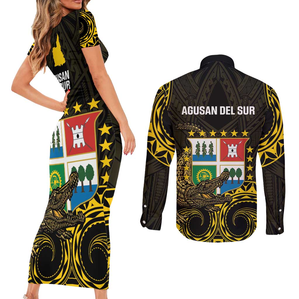 Agusan del Sur Philippines Couples Matching Short Sleeve Bodycon Dress and Long Sleeve Button Shirt Habagatang Agusan Lolong LT14 - Polynesian Pride