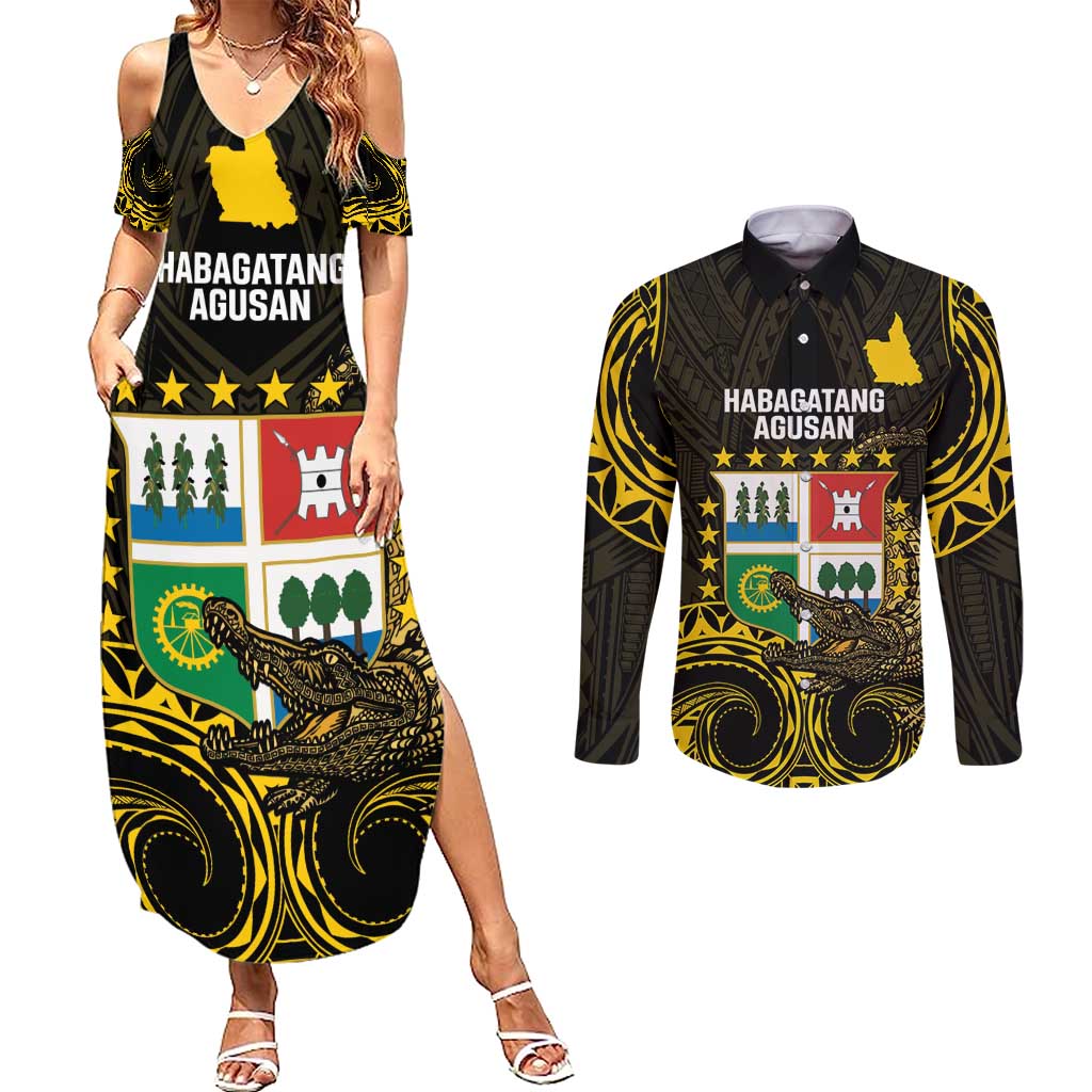 Agusan del Sur Philippines Couples Matching Summer Maxi Dress and Long Sleeve Button Shirt Habagatang Agusan Lolong LT14 Black - Polynesian Pride