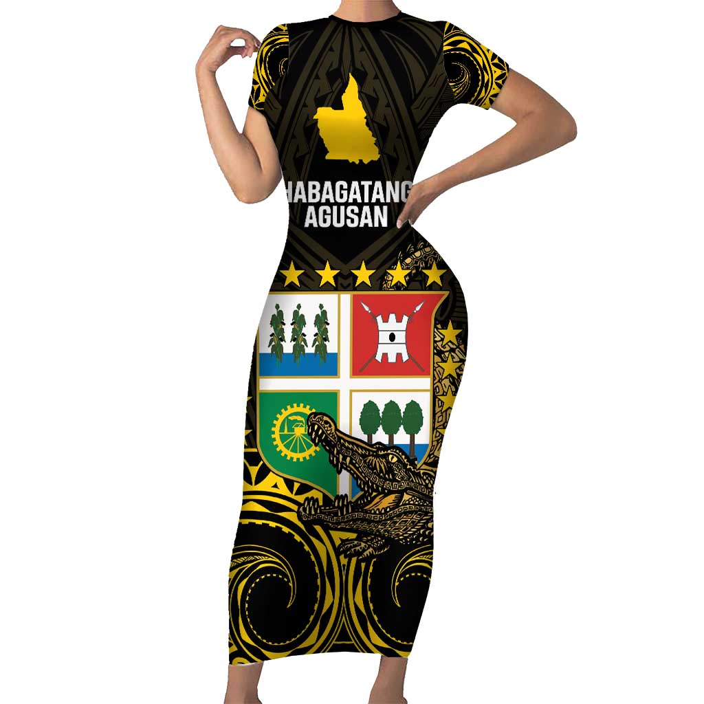 Agusan del Sur Philippines Family Matching Short Sleeve Bodycon Dress and Hawaiian Shirt Habagatang Agusan Lolong LT14 Mom's Dress Black - Polynesian Pride