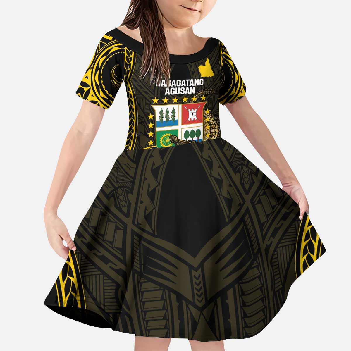 Agusan del Sur Philippines Kid Short Sleeve Dress Habagatang Agusan Lolong LT14 KID Black - Polynesian Pride