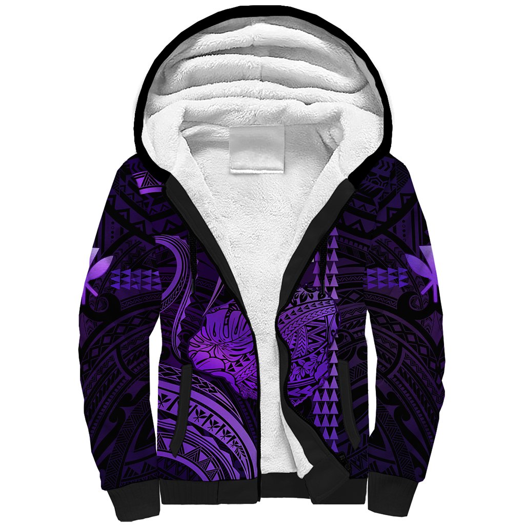 Personalised Hawaiian Islands Sherpa Hoodie Kauai Map Purple Kanaka With Kakau LT14 Unisex Purple - Polynesian Pride