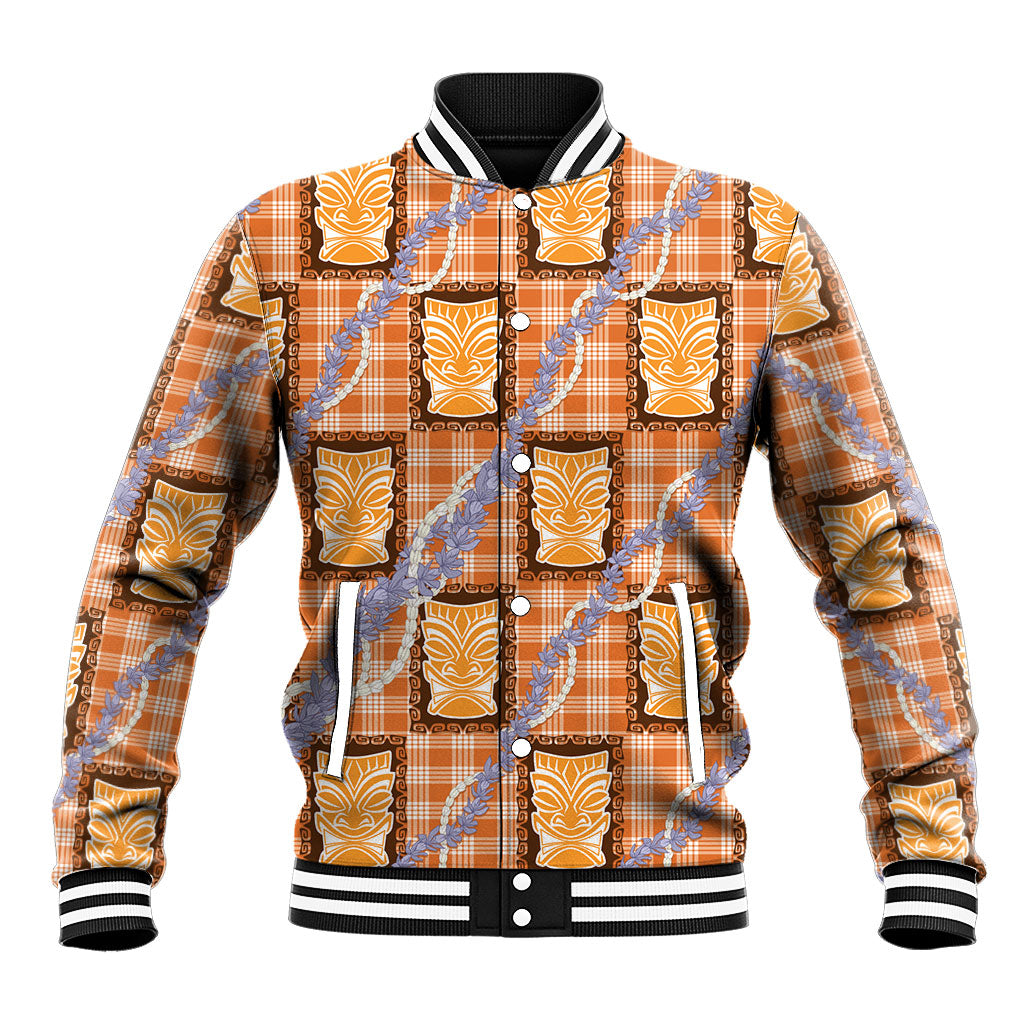 Aloha Hawaii Tiki Palaka Motifs Baseball Jacket Honohono Lei Orange Elegant Vibes