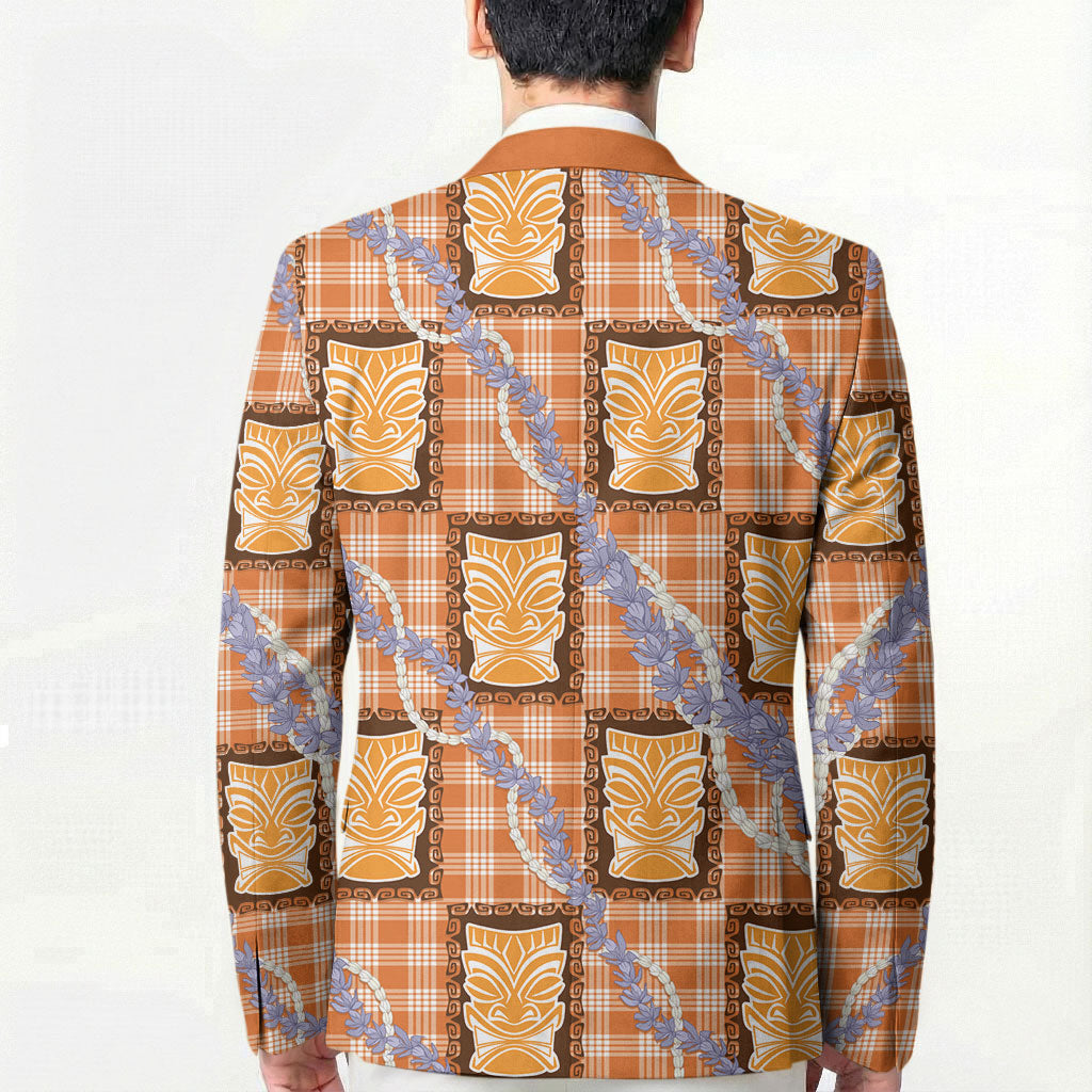 Aloha Hawaii Tiki Palaka Motifs Blazer Honohono Lei Orange Elegant Vibes