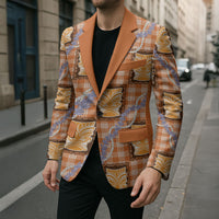 Aloha Hawaii Tiki Palaka Motifs Blazer Honohono Lei Orange Elegant Vibes