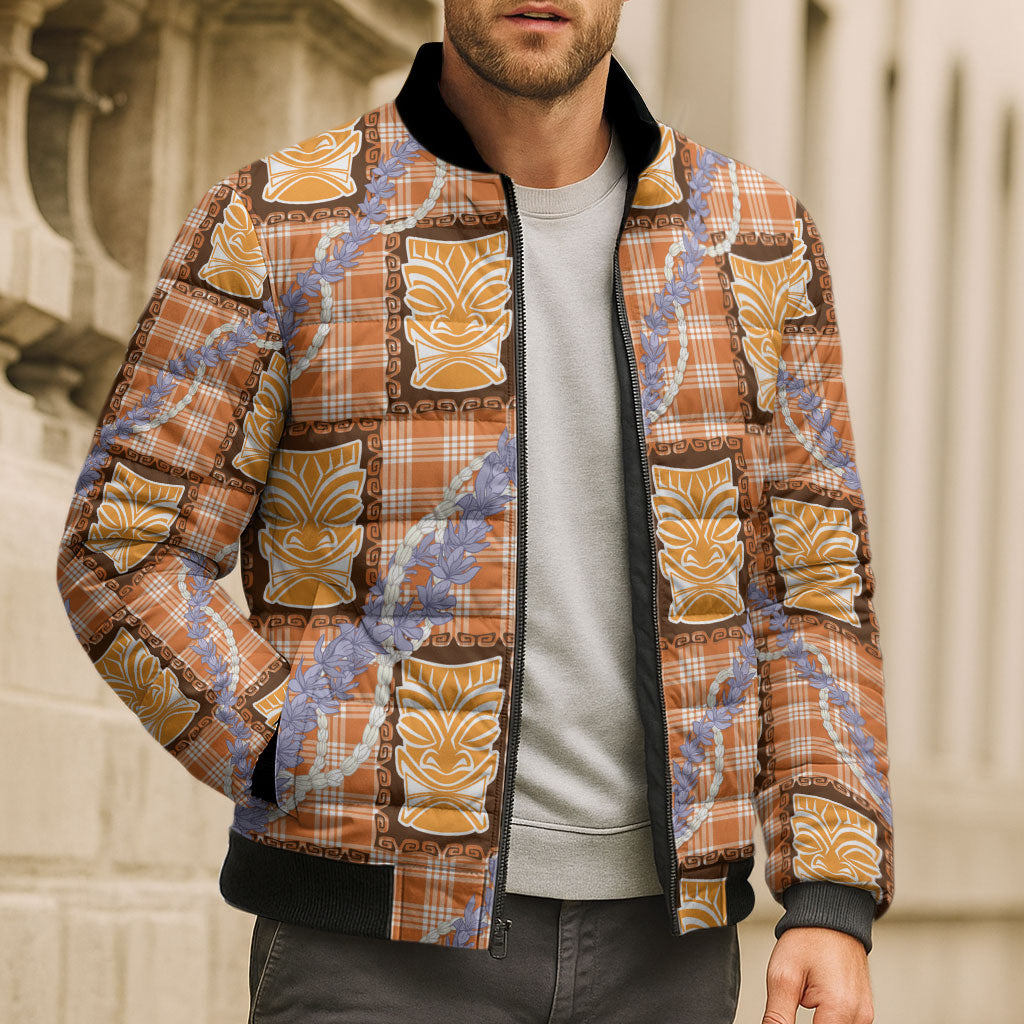 Aloha Hawaii Tiki Palaka Motifs Bomber Puffer Jacket Honohono Lei Orange Elegant Vibes