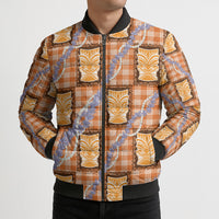 Aloha Hawaii Tiki Palaka Motifs Bomber Puffer Jacket Honohono Lei Orange Elegant Vibes