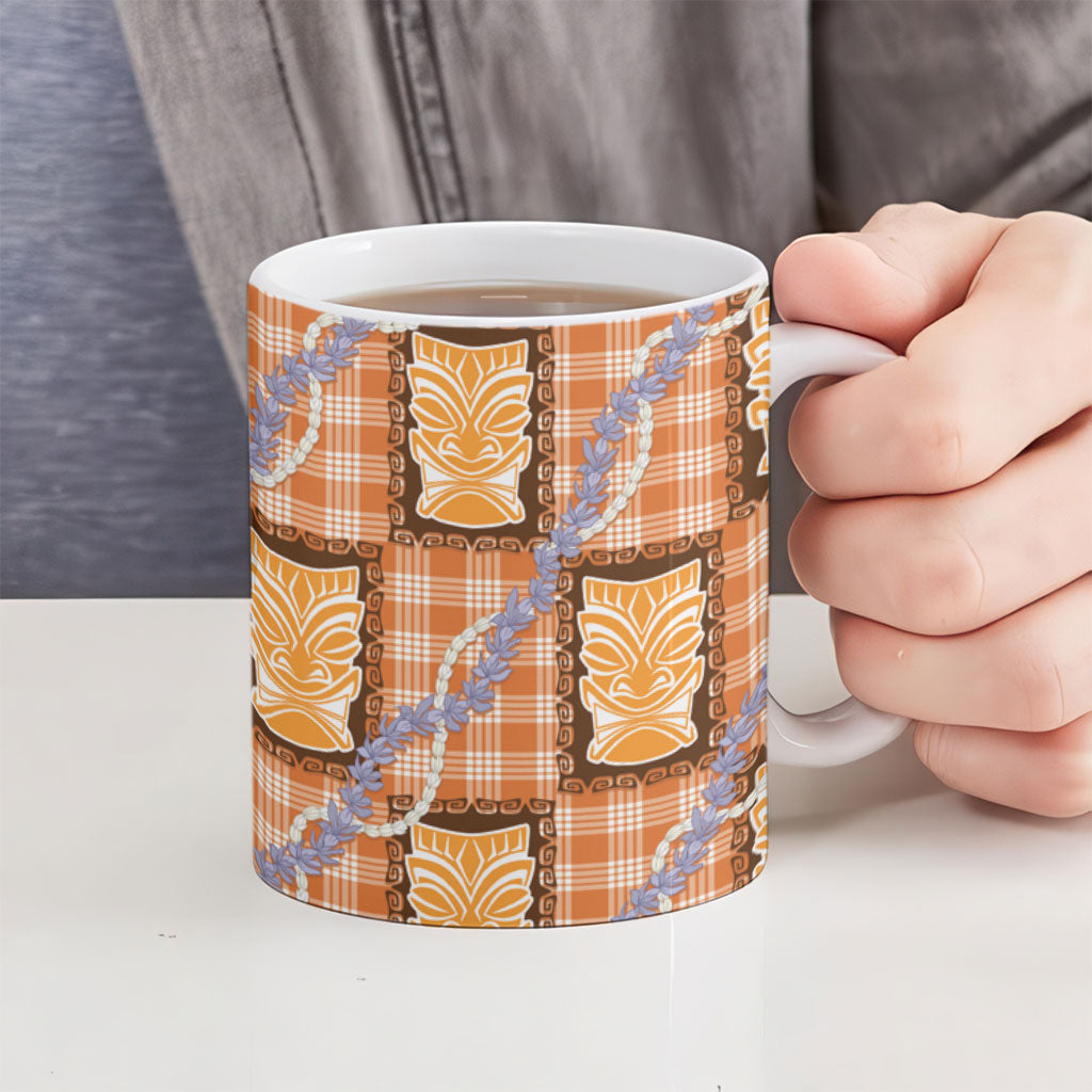 Aloha Hawaii Tiki Palaka Motifs Ceramic Mug Honohono Lei Orange Elegant Vibes