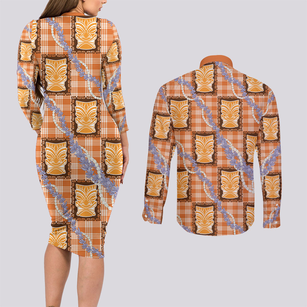 Aloha Hawaii Tiki Palaka Motifs Couples Matching Long Sleeve Bodycon Dress and Long Sleeve Button Shirt Honohono Lei Orange Elegant Vibes LT14 - Polynesian Pride