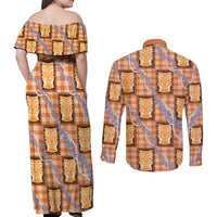 Aloha Hawaii Tiki Palaka Motifs Couples Matching Off Shoulder Maxi Dress and Long Sleeve Button Shirt Honohono Lei Orange Elegant Vibes LT14 - Polynesian Pride