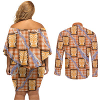 Aloha Hawaii Tiki Palaka Motifs Couples Matching Off Shoulder Short Dress and Long Sleeve Button Shirt Honohono Lei Orange Elegant Vibes LT14 - Polynesian Pride