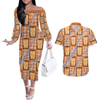 Aloha Hawaii Tiki Palaka Motifs Couples Matching Off The Shoulder Long Sleeve Dress and Hawaiian Shirt Honohono Lei Orange Elegant Vibes LT14 Orange - Polynesian Pride