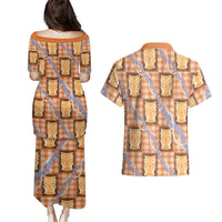 Aloha Hawaii Tiki Palaka Motifs Couples Matching Puletasi and Hawaiian Shirt Honohono Lei Orange Elegant Vibes LT14 - Polynesian Pride
