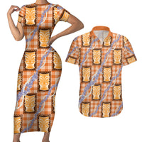 Aloha Hawaii Tiki Palaka Motifs Couples Matching Short Sleeve Bodycon Dress and Hawaiian Shirt Honohono Lei Orange Elegant Vibes LT14 Orange - Polynesian Pride