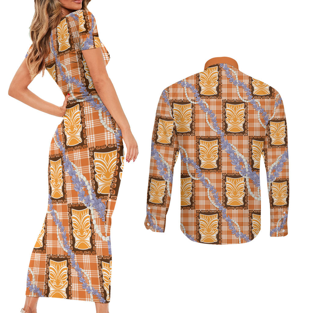 Aloha Hawaii Tiki Palaka Motifs Couples Matching Short Sleeve Bodycon Dress and Long Sleeve Button Shirt Honohono Lei Orange Elegant Vibes LT14 - Polynesian Pride