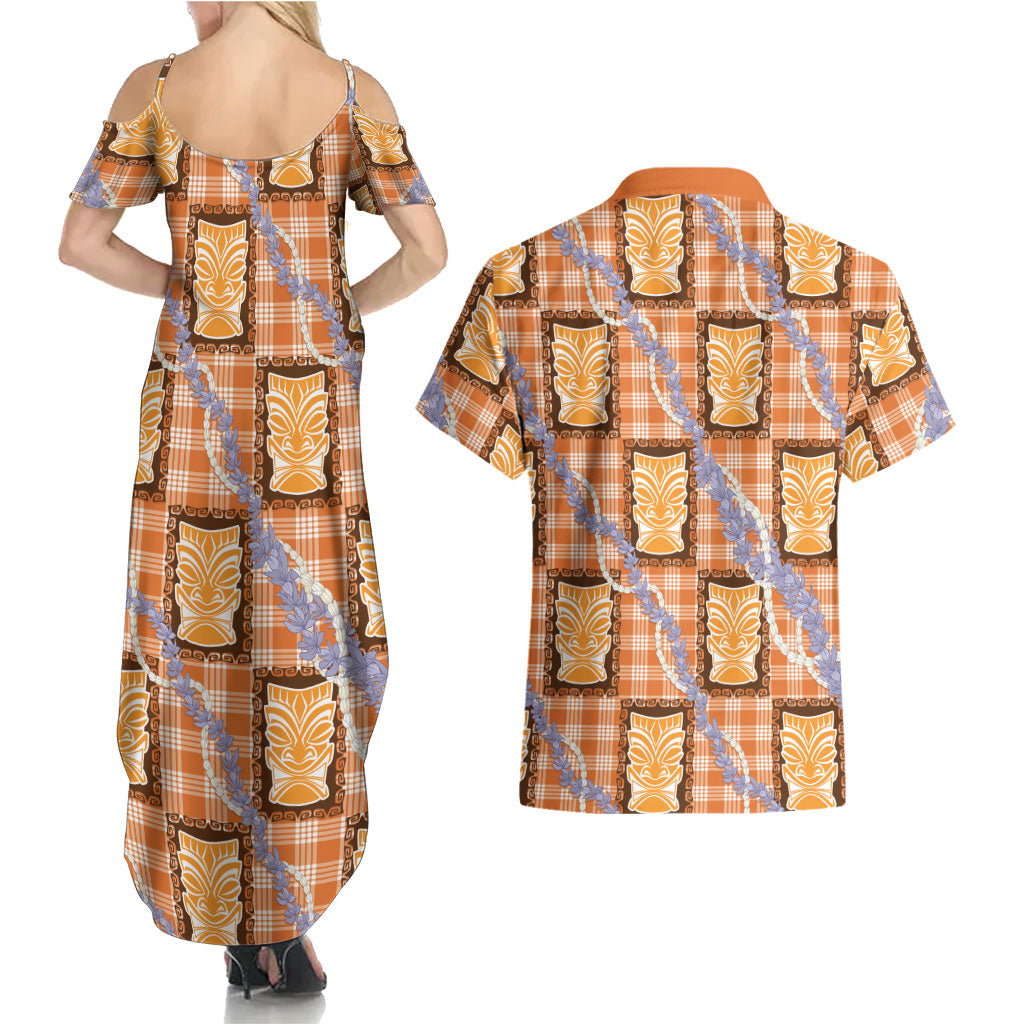 Aloha Hawaii Tiki Palaka Motifs Couples Matching Summer Maxi Dress and Hawaiian Shirt Honohono Lei Orange Elegant Vibes LT14 - Polynesian Pride