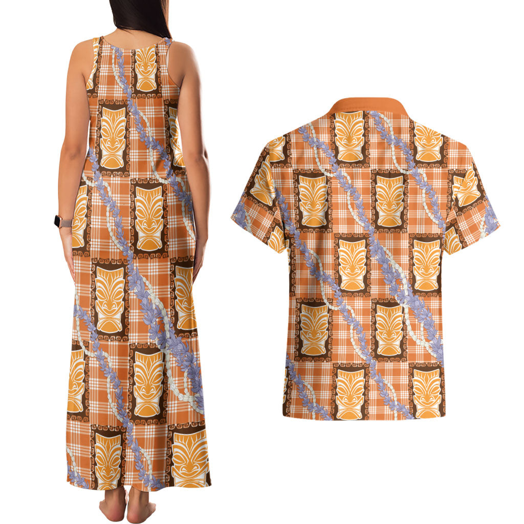 Aloha Hawaii Tiki Palaka Motifs Couples Matching Tank Maxi Dress and Hawaiian Shirt Honohono Lei Orange Elegant Vibes LT14 - Polynesian Pride