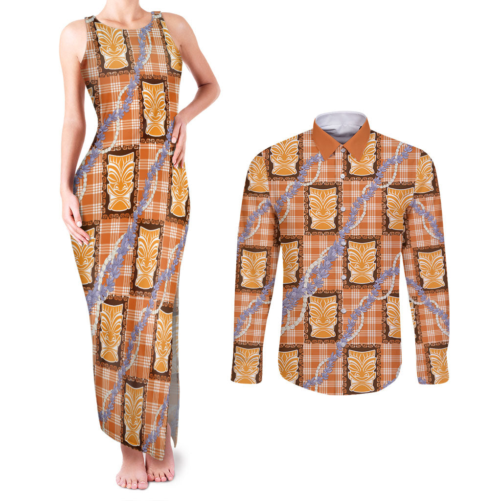Aloha Hawaii Tiki Palaka Motifs Couples Matching Tank Maxi Dress and Long Sleeve Button Shirt Honohono Lei Orange Elegant Vibes LT14 Orange - Polynesian Pride