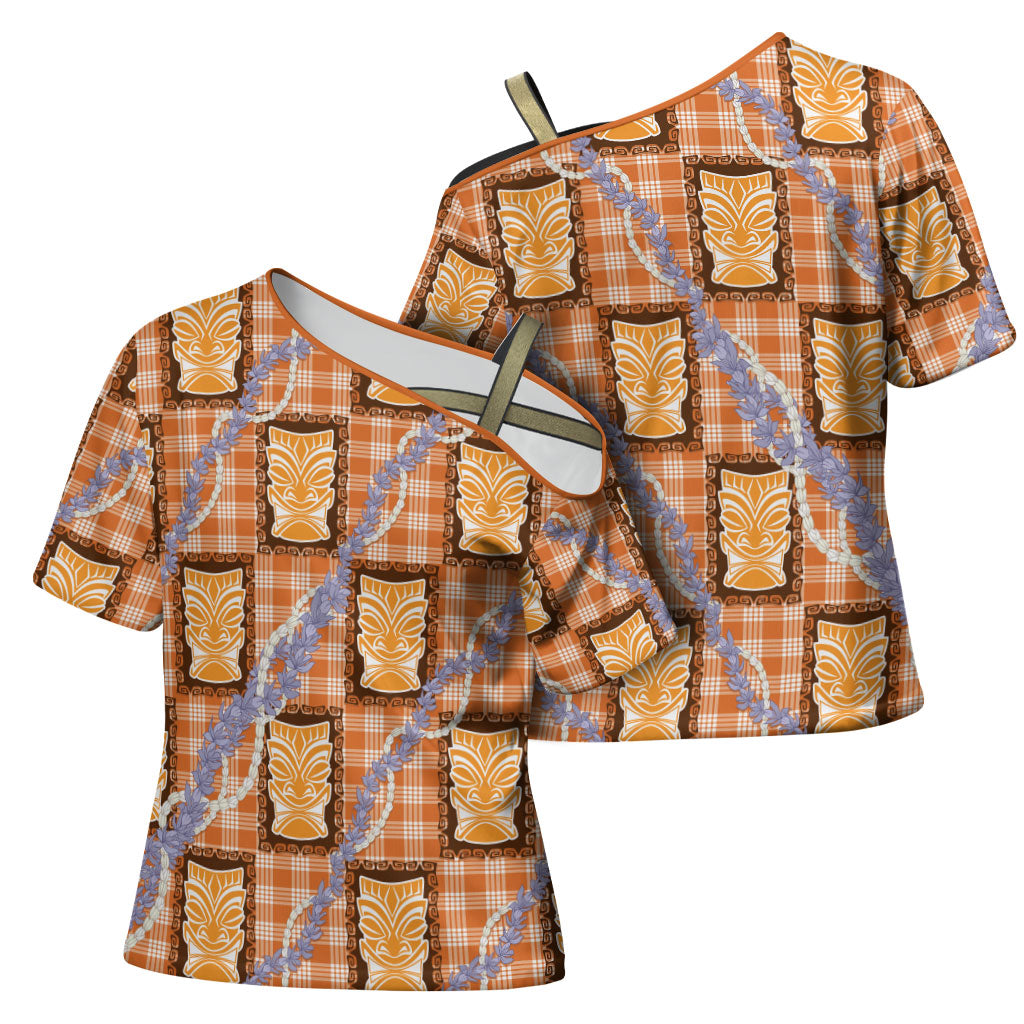 Aloha Hawaii Tiki Palaka Motifs Cross Shoulder Shirt Honohono Lei Orange Elegant Vibes LT14 - Polynesian Pride