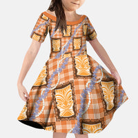Aloha Hawaii Tiki Palaka Motifs Family Matching Long Sleeve Bodycon Dress and Hawaiian Shirt Honohono Lei Orange Elegant Vibes LT14 Daughter's Dress Orange - Polynesian Pride