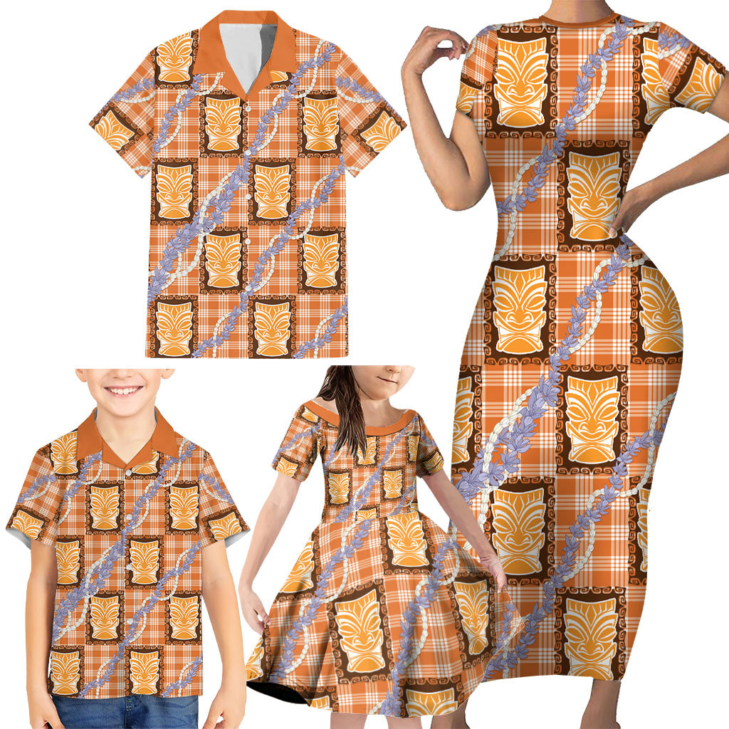 Aloha Hawaii Tiki Palaka Motifs Family Matching Short Sleeve Bodycon Dress and Hawaiian Shirt Honohono Lei Orange Elegant Vibes LT14 - Polynesian Pride