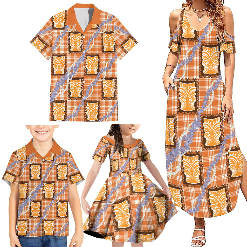 Aloha Hawaii Tiki Palaka Motifs Family Matching Summer Maxi Dress and Hawaiian Shirt Honohono Lei Orange Elegant Vibes LT14 - Polynesian Pride