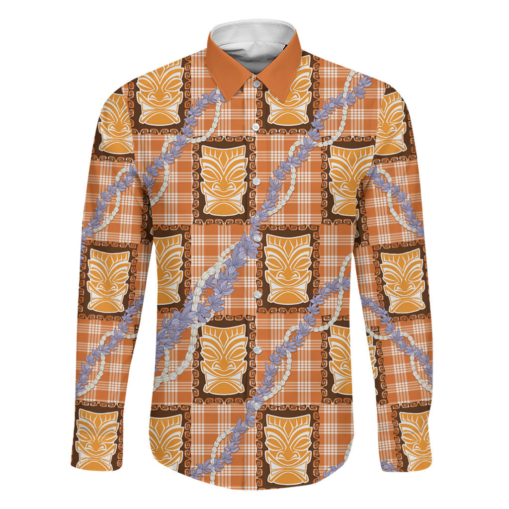 Aloha Hawaii Tiki Palaka Motifs Family Matching Summer Maxi Dress and Hawaiian Shirt Honohono Lei Orange Elegant Vibes LT14 Dad's Shirt - Long Sleeve Orange - Polynesian Pride