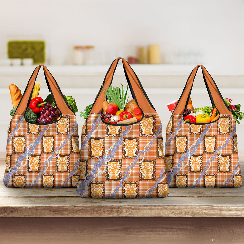 Aloha Hawaii Tiki Palaka Motifs Grocery Bag Honohono Lei Orange Elegant Vibes LT14 3-pack One Size Orange - Polynesian Pride