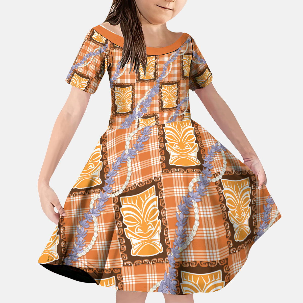 Aloha Hawaii Tiki Palaka Motifs Kid Short Sleeve Dress Honohono Lei Orange Elegant Vibes