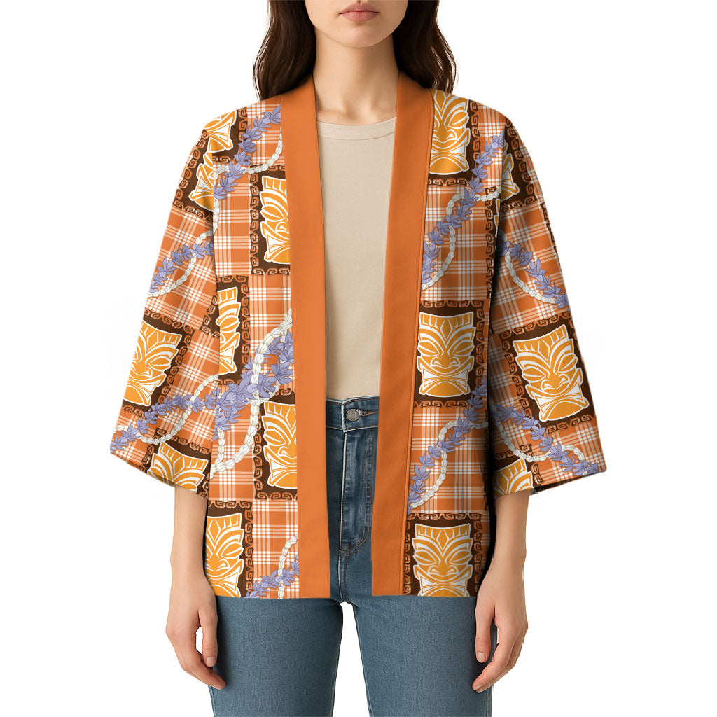 Aloha Hawaii Tiki Palaka Motifs Kimono Honohono Lei Orange Elegant Vibes LT14 - Polynesian Pride